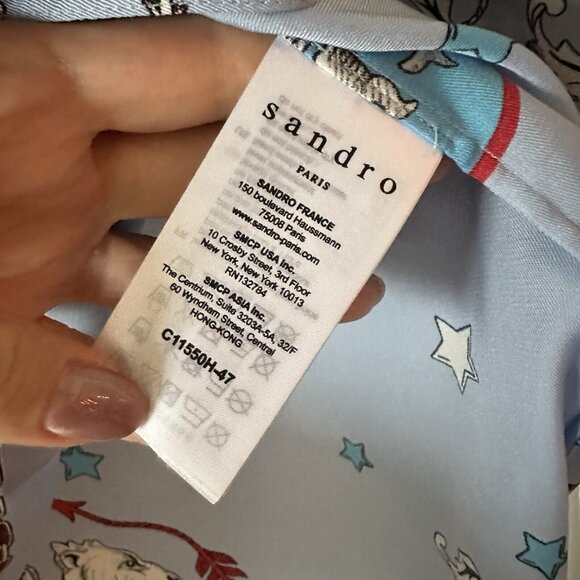 Sandro Top Pajama Shirt Blue Brown Silk Floral Button-up Three-Quarter Size 3 - Picture 4 of 6